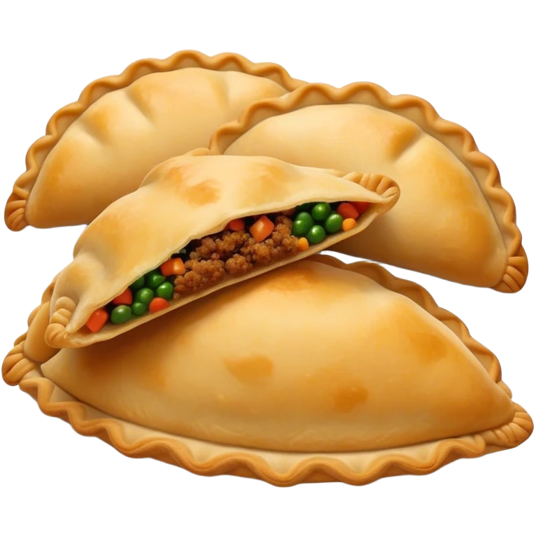 Cinematic Realistic Empanadas Dish Emoji, showcasing crispy fried turnovers filled with spiced meat and vegetables rendered with rich textures and dynamic, appetizing lighting. emoji