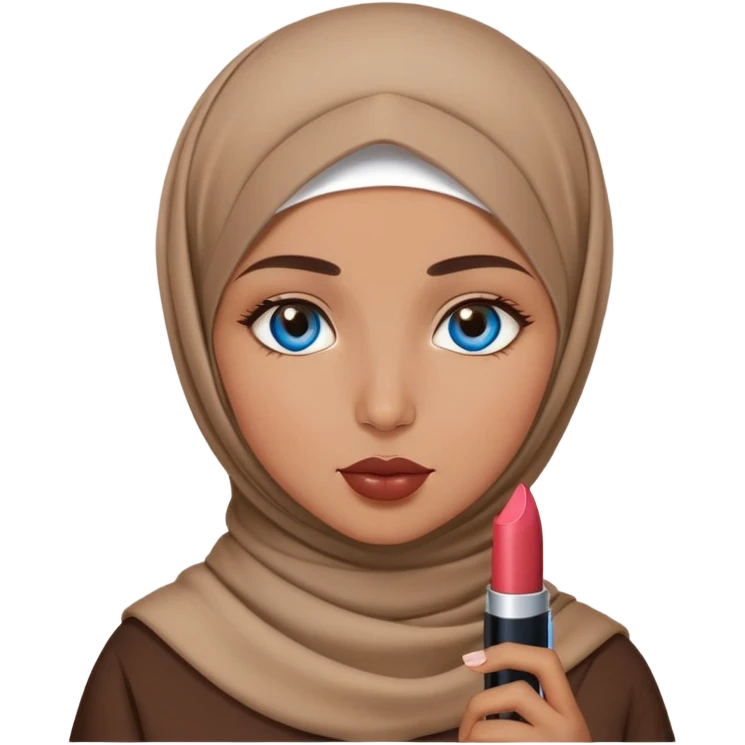 Turkish beautiful finish Konya girl blue eyes with brown beige hijab islamic dress and had on her hand lipstick emoji