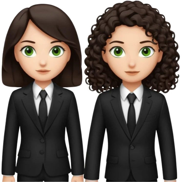 Two besties as agents, 1: long ironed straight darkbrown hair, green eyes, 2: long curly darkbrown hair, brown eyes  emoji