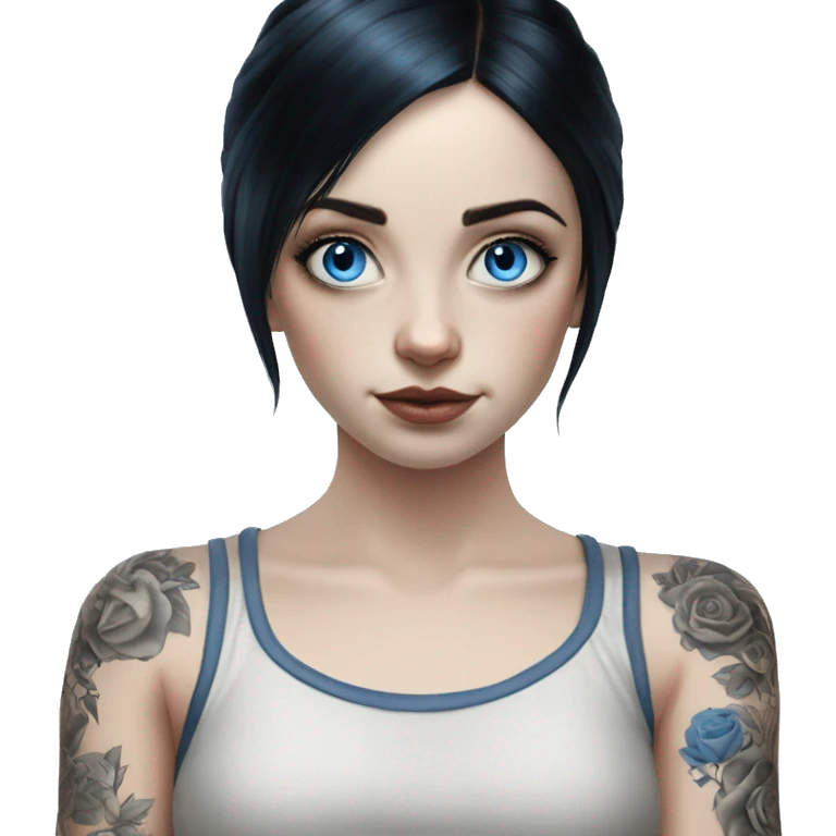 Hyperrealistic Pale girl with blue eyes and black hair arm tattoos emoji
