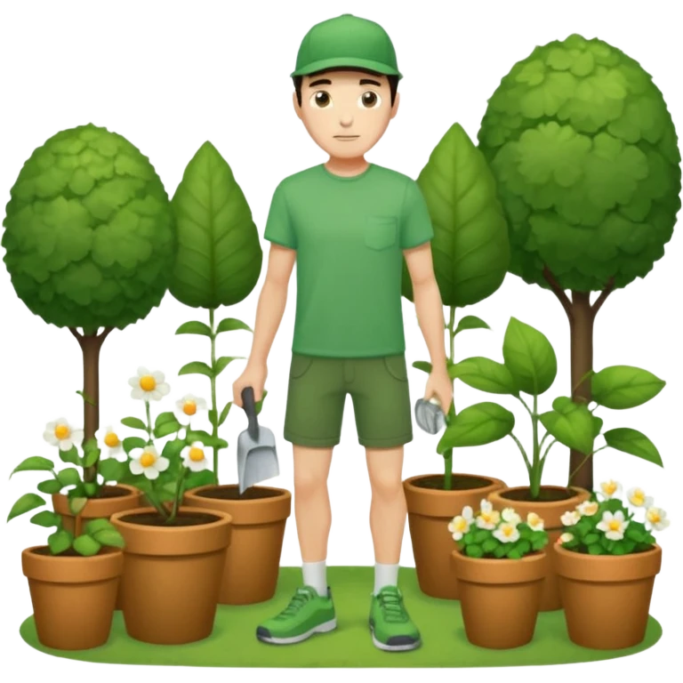 rapaz magro cabelo escuro com boné verde claro, camiseta verde e bermuda verde escuro, corpo inteiro cuidando do jardim emoji