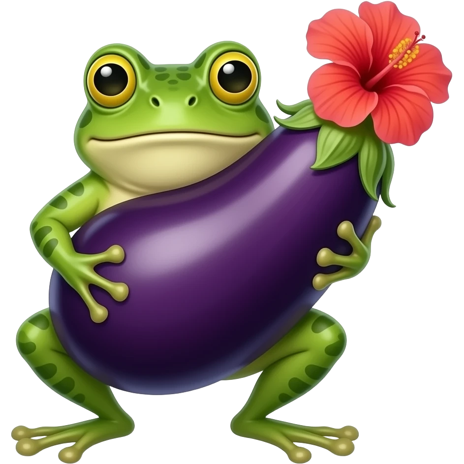 Grenouille qui tient une enorme aubergine, et un hibiscus en haut a droite de l'aubergine emoji