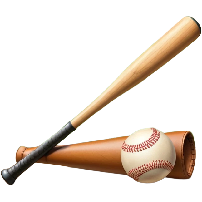 A baseball bat, ball, and glove resting on the ground, set against the backdrop of a baseball field. The scene captures the iconic equipment of the sport, with the field in the distance and a bright sky above, evoking the spirit of the game. emoji
