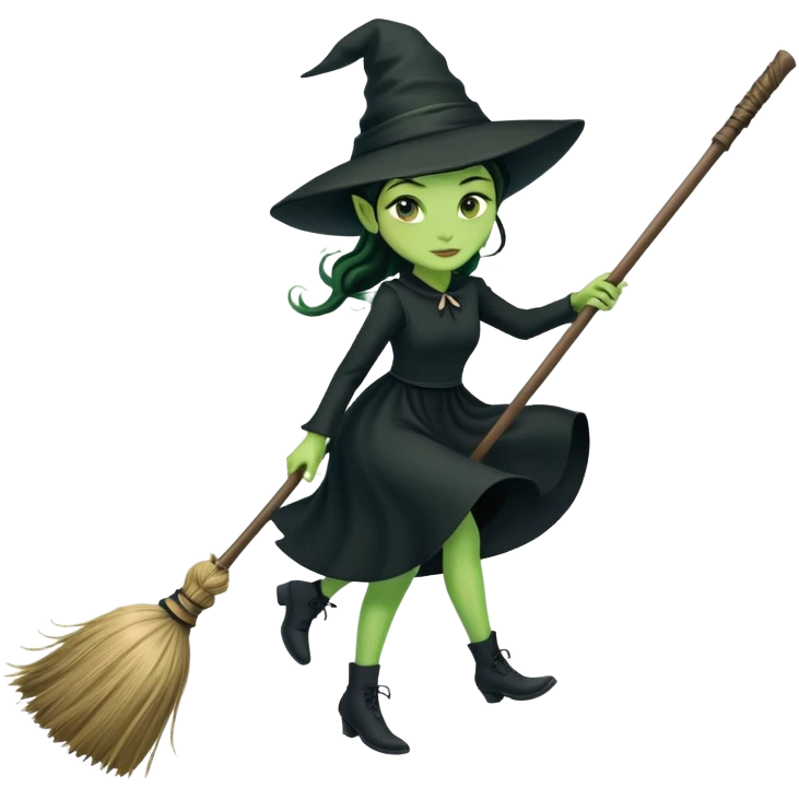 Elphaba, green witch with black hat and long black dress riding a broomstick emoji