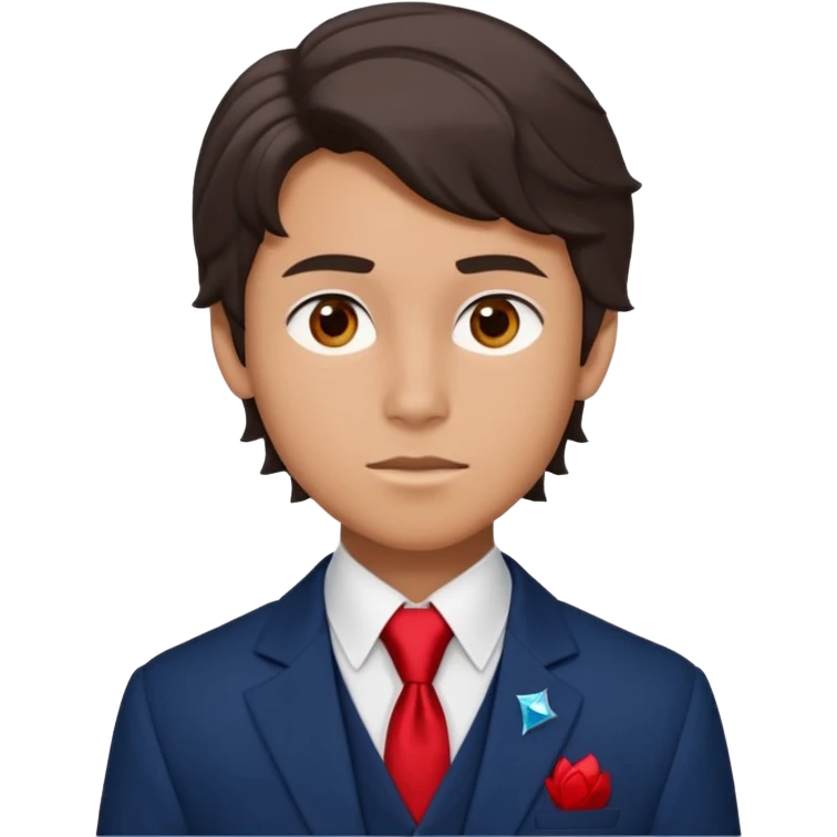 Number Five from "The Umbrella Academy": portrait of slim 16 yo teen (face, neck, shoulders, chest) in sarcastic pose, oval face with high cheekbones, gray eyes, dark brown wavy side-swept hair. Uniform: dark blue blazer with red trim, white shirt, black tie, diamond vest. emoji