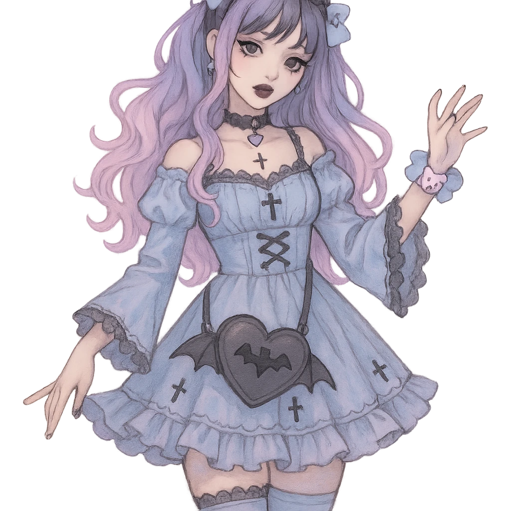 gothic K-pop girl, dreamy pastel goth style, soft colors with gothic details, whimsical pose, cute accessories emoji