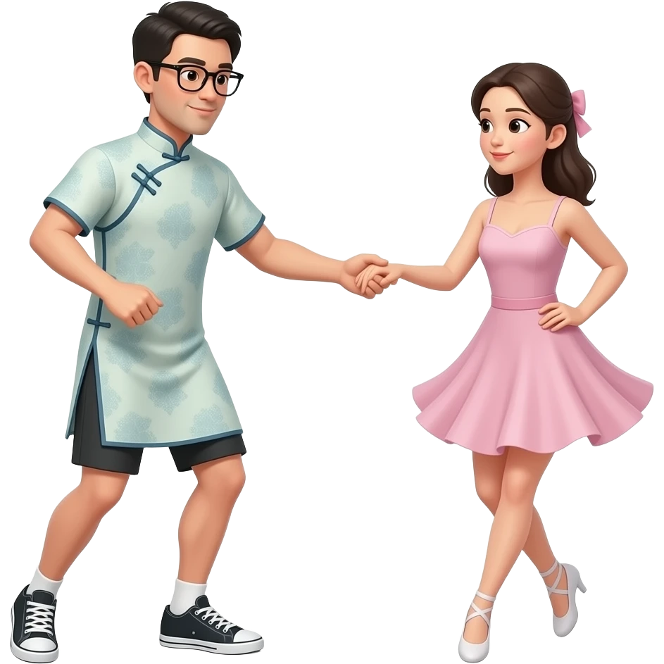 male with glasses in short cheongsam dress and dancing sneakers. show whole body profile with right hand outstretched to grasp a lady dancer's hand. emoji
