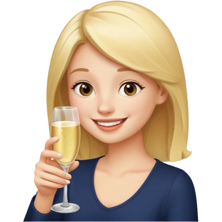 A shy young woman gently takes her first small sip of champagne, smiling with excitement. emoji