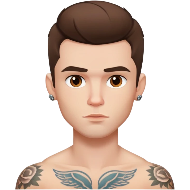 pretty handsome adult bratz man, short brown hair, brown eyes, pale skin, defined jawline, has tattoos emoji