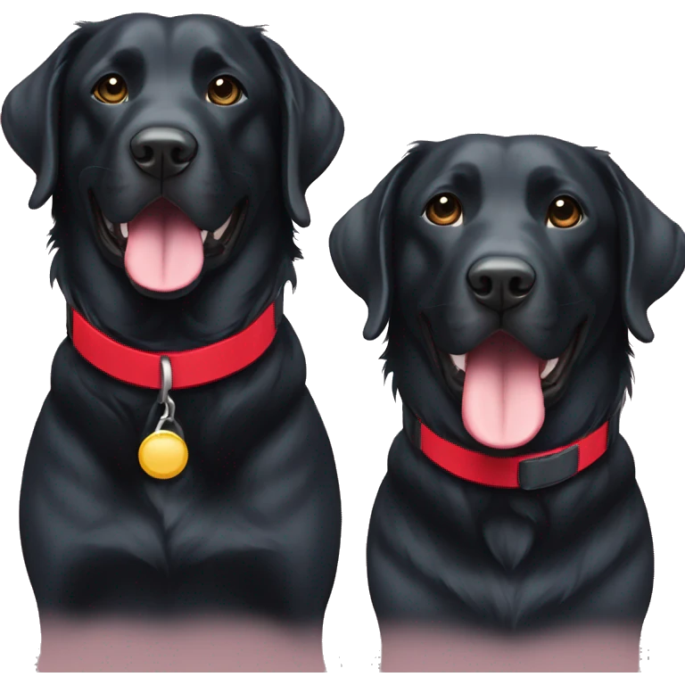 2 happy adult black labradors side by side, bigger one with red collar, other with light blue collar emoji