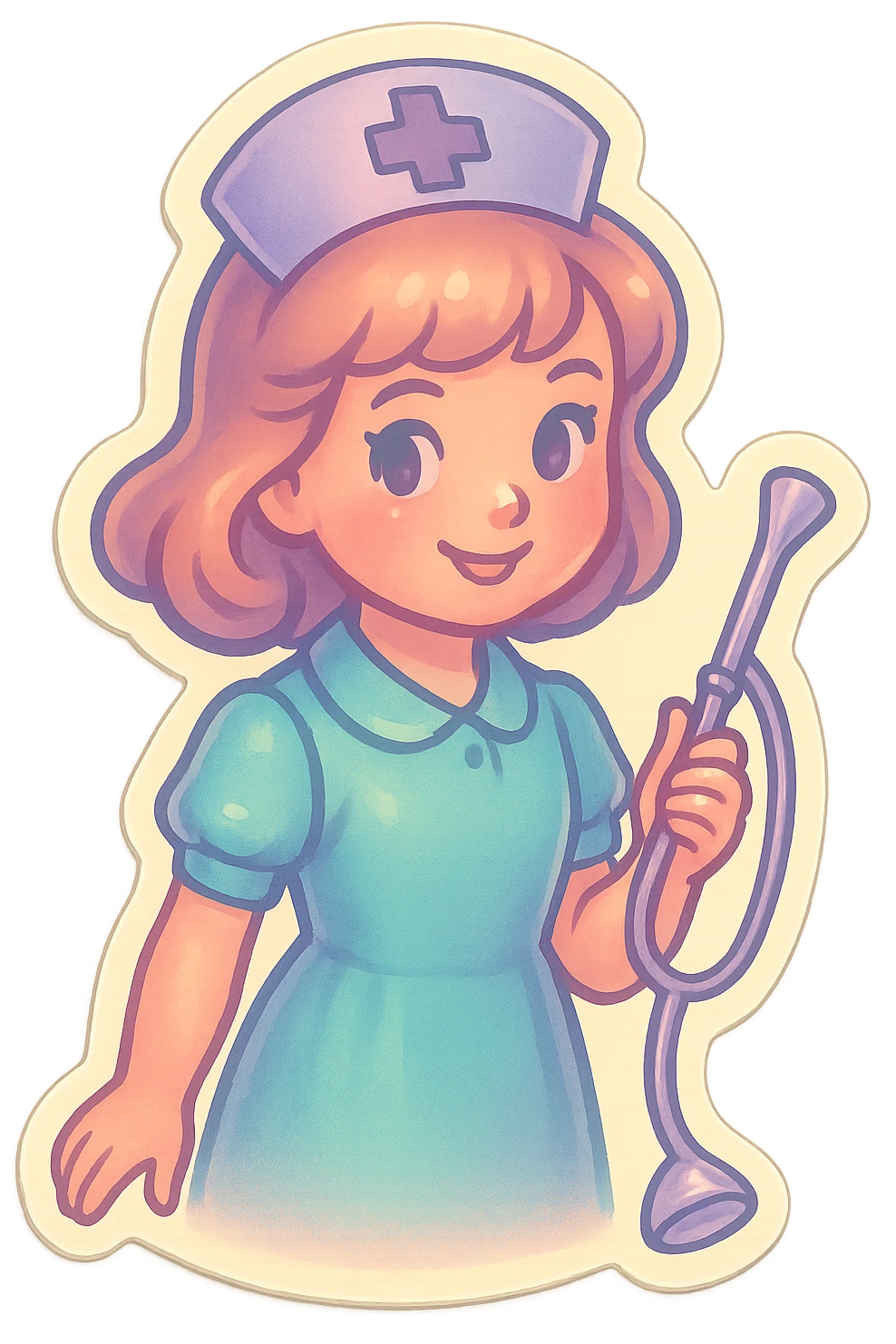 girl with appearance and clothing like the reference, holding an obstetric stethoscope in one hand, other hand down, close-up face, detailed shadows and highlights, thin clean contours, soft rounded shapes, pastel palette #98B5BC, #B5B3C1, #C9A3C9, #E4C0CA, #F7DCD1, #F7C0AA, soft lighting, transparent background, no decorative elements, reference: https://attic.sh/jau3edb21wpllq8y3t37clkve1d7 emoji