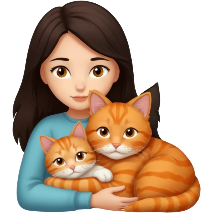 dark-black-brown-hair-to-shoulder girl with brown eyes snuggled with orange tabby cat emoji
