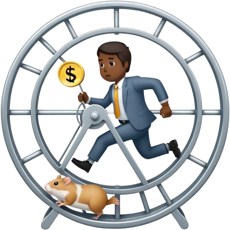 Create an emoji of a tired, overworked entrepreneur running on a hamster wheel, chasing a floating dollar sign or a bag of money. The character has dark circles under their eyes, looks exhausted, and appears stuck in an endless cycle. The hamster wheel represents constant struggle, while the money is always just out of reach. The style should be clean and easily recognizable as an emoji

 emoji