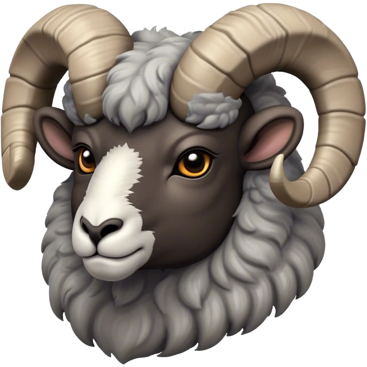 Cinematic Noble Ram Portrait Emoji, Poised and regal, with a sturdy, powerful build and a thick, woolly grey fur adorned with impressively curled horns, deep-set soulful dark eyes, Simplified yet sharp and sophisticated features, highly detailed, glowing with a soft, dignified glow, high shine, intelligent and commanding, stylized with an air of rugged majesty, focused and attentive, soft glowing outline, capturing the essence of a watchful and confident ram, so majestic it feels as though it could charge out of the screen with effortless authority! emoji