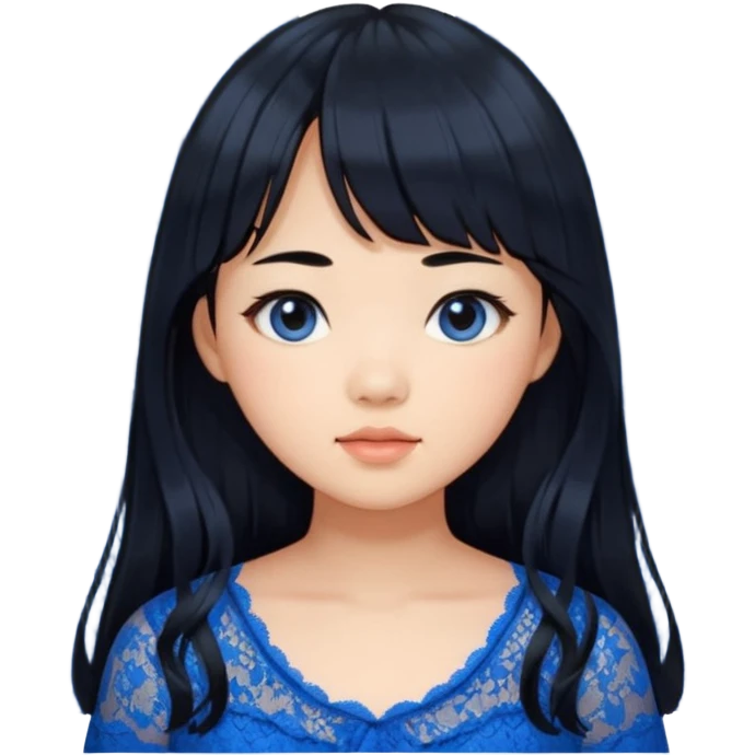 Long hair asian girl with curtain bangs with a blue lace top on with GG written emoji