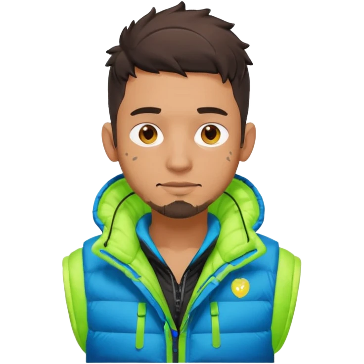 Cyberpunk street adult, hispanic, male, messy undercut, puffer vest over hoodie, glowing earpiece, light stubble, brown eyes, neon reflections, headshot emoji