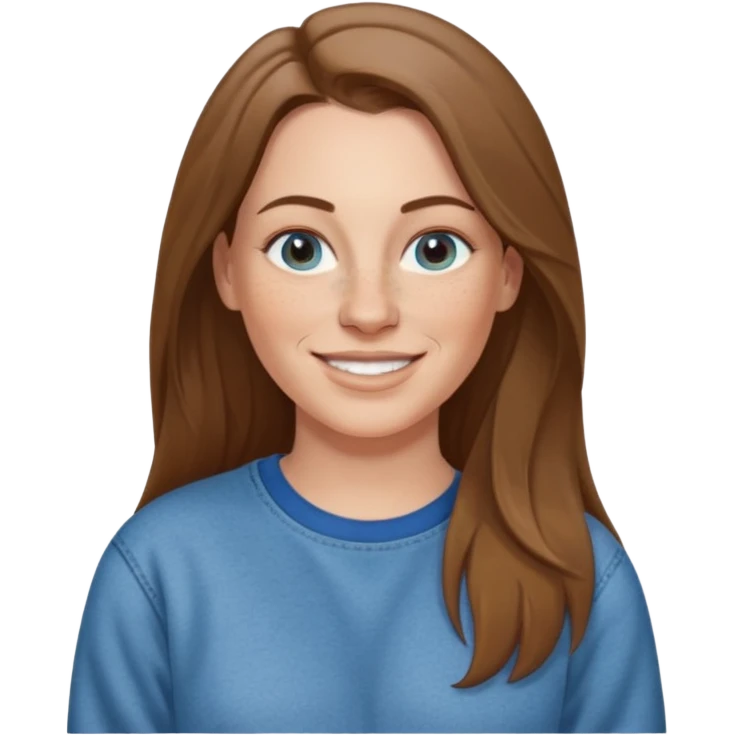 A 38 year old white woman with long brunette hair parted in the middle. She has a nose ring. She has freckles and is wearing a sweatshirt and jeans smiling emoji