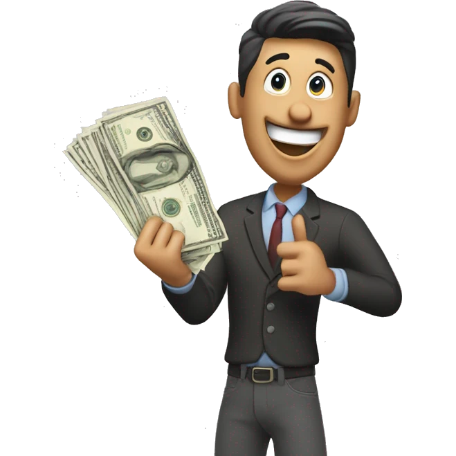 excited, happy man holding out a bill of money in his hand emoji