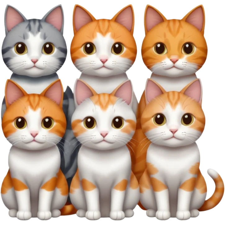 6 cats with different coloured coats, 2 are grey and white, 1 is grey with a little white, 1 calico, 1 brown tabby and white and one ginger and white emoji