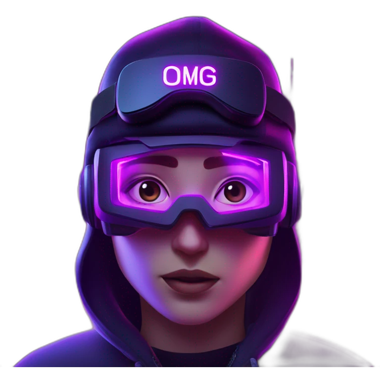 Alekséi Vorobiov wearing a black hoodie with "OMG" letters on it and VR headset in a cyberpunk VR environment with violet neon lighting. emoji