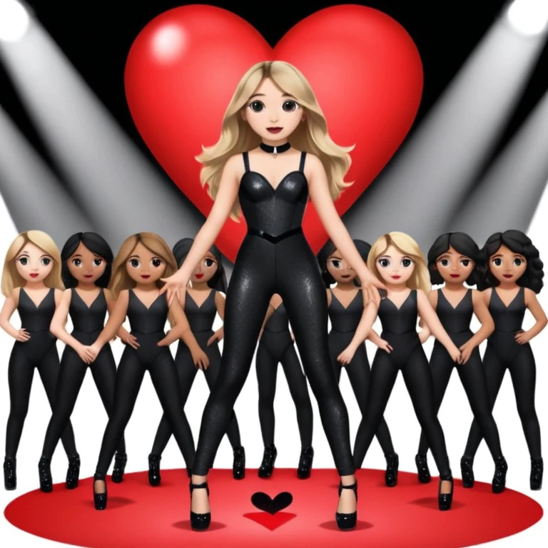 Sabrina carpenter singing at concert wearing a black sparkle jumpsuit and black hyper sparkle heels. She is standing in the center stage part that is in the shape of a red heart and it extends from the main stage, with a group of dancers surrounding her  emoji
