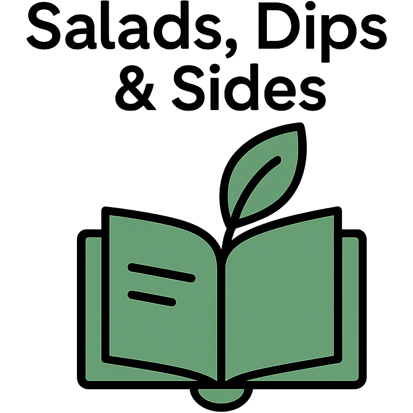 Add the title 'Salads, Dips & Sides' in a clean, modern font above the green minimalist logo with leaf and book icon on the cookbook background. Keep the text readable and harmonious with the design. emoji
