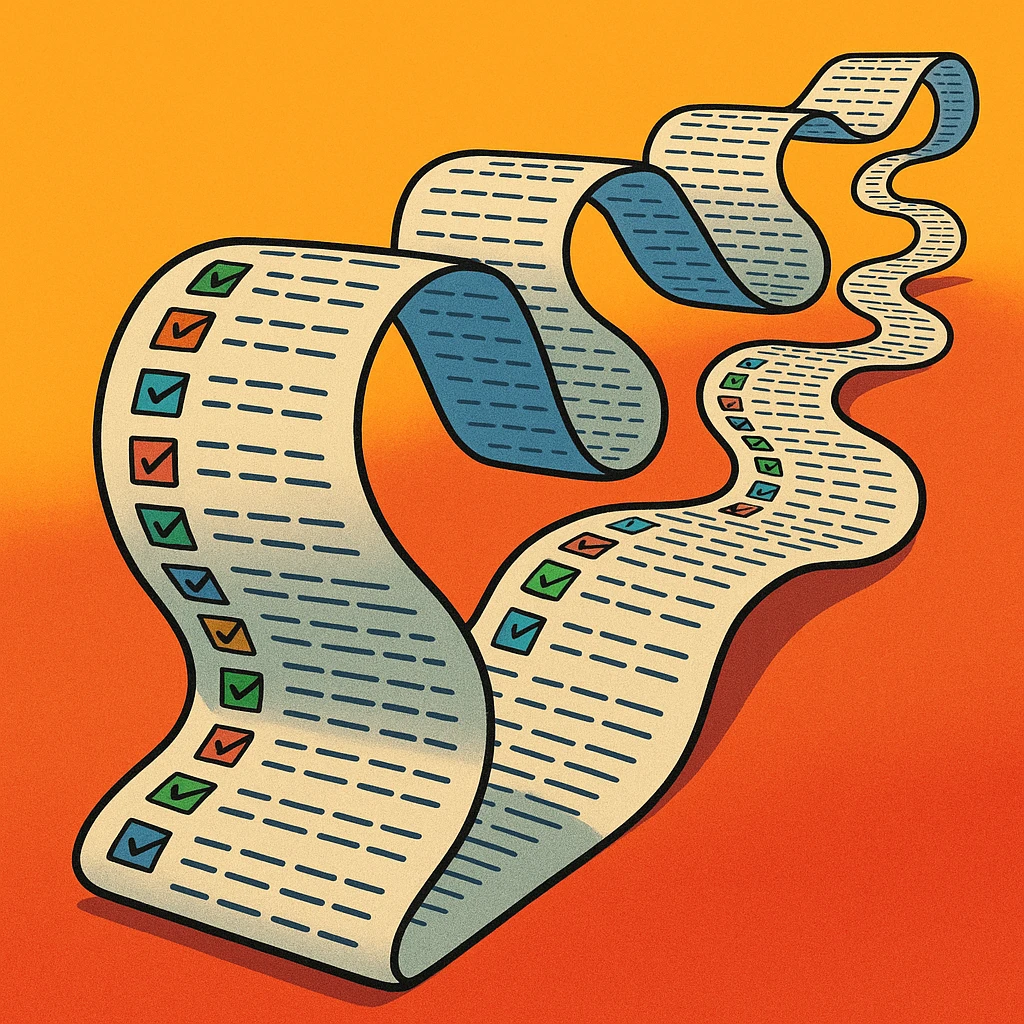 endlessly stretching to-do list paper curling up and down like a snake, packed with tiny colorful checkboxes, fading into the distance, vibrant cartoon style emoji