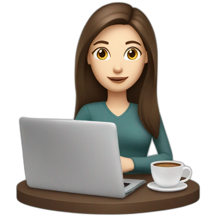 woman with long straight brown hair and pale skin holding a coffee mug on top of a laptop screen emoji