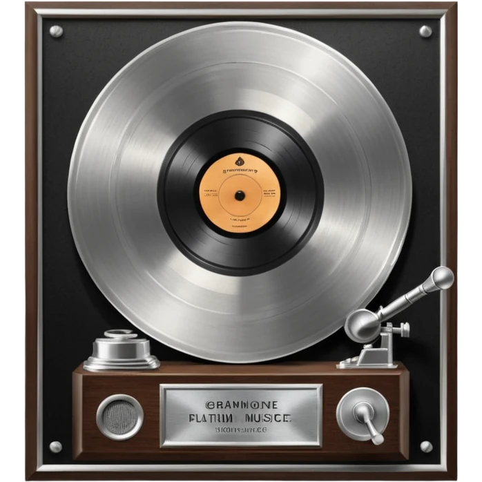 A platinum music award plaque: a square, polished platinum plate with a subtly textured, mirror-like finish, mounted on a simple dark wood base. The center features a relief of a vintage gramophone or stylized vinyl record in a slightly darker metallic tone.  emoji