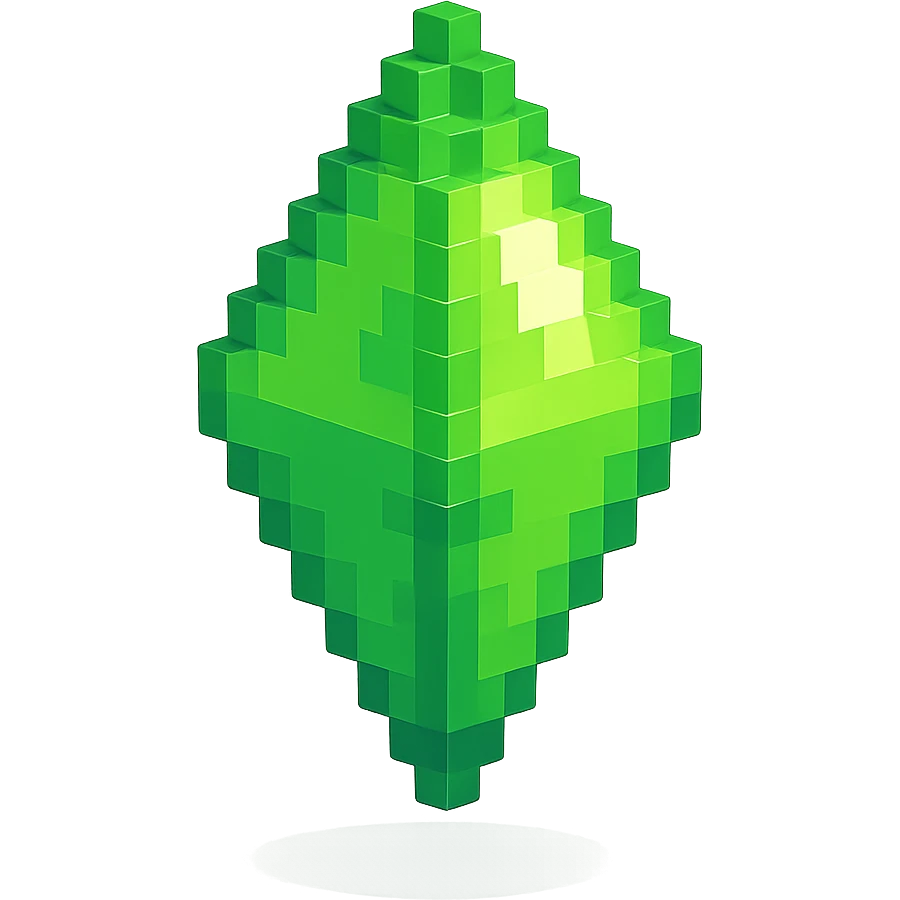 Sims-inspired plumbob, green, with a soft white highlight, floating above a faint shadow emoji