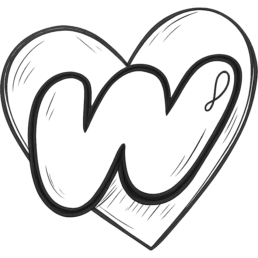 chubby cartoon-style Wattpad logo 'w' with thick contour, soft shadows and glossy highlights, single large heart behind the logo emoji
