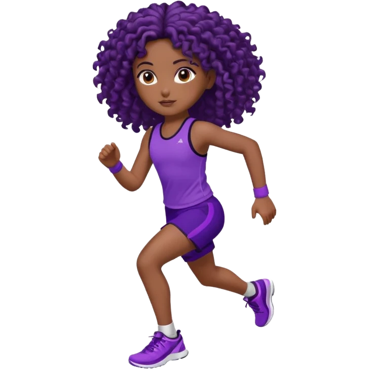 Uma boneca morena escura com olhos castanhos e cabelo cacheado longo até o peito, treinando correndo a roupa top roxo com detalhes preto e short roxo com detalhes preto emoji