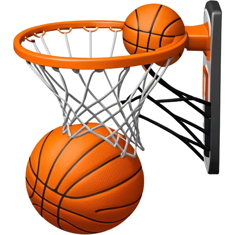 A close-up of a basketball shield and hoop with the ball swishing through the net, captured mid-air. The background emphasizes the tension and excitement of the moment, with the rim and net in sharp focus, showcasing the precision and skill of the sport. emoji
