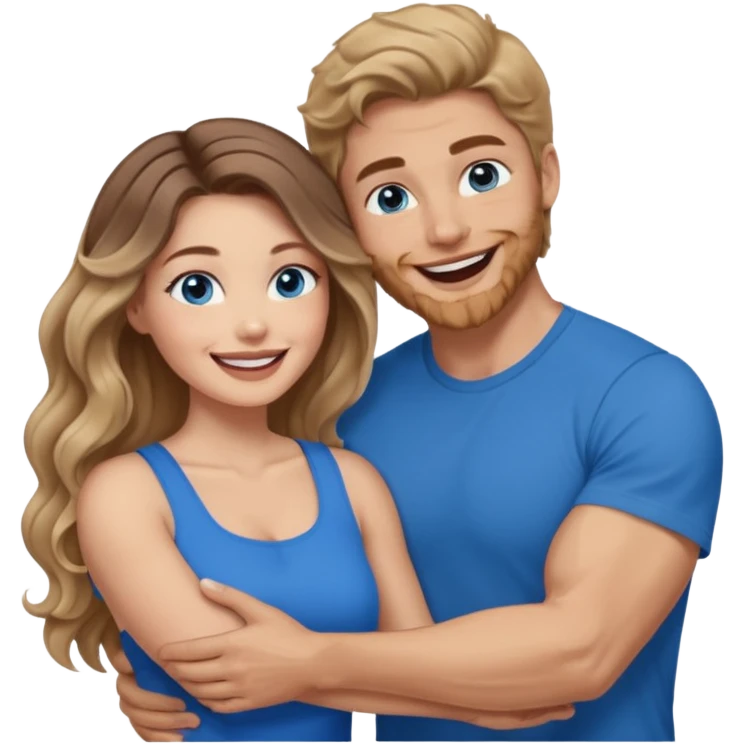 Women with blue eyes and very long, brown blond balayage curled hair in the arms of a man with strong arms a straight face, a very sexy man blue eyes. They are laughing at each other. He has short brown hair and is light skinned  emoji