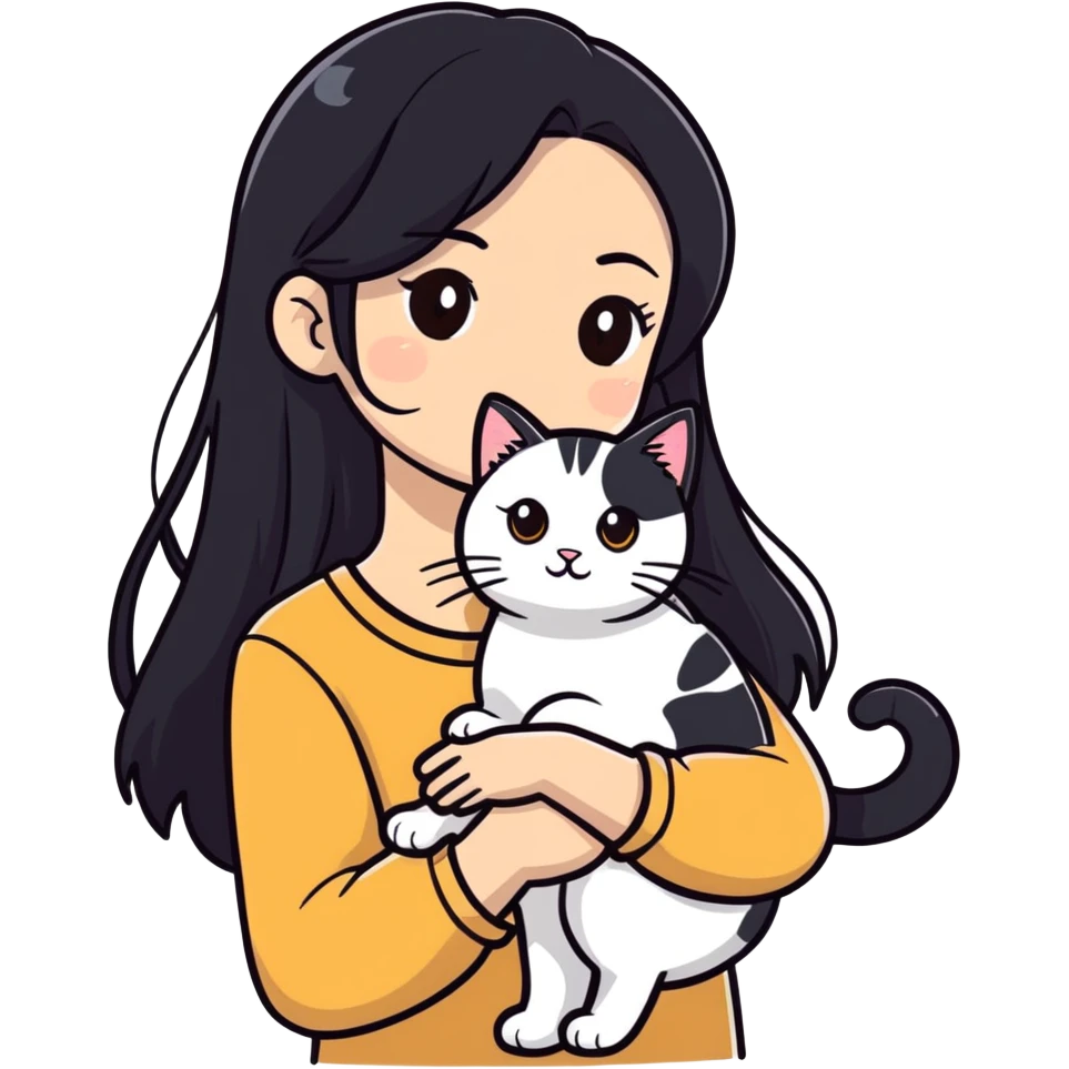 girl with long black hair and brown eyes that holds cat that is white and tabby emoji