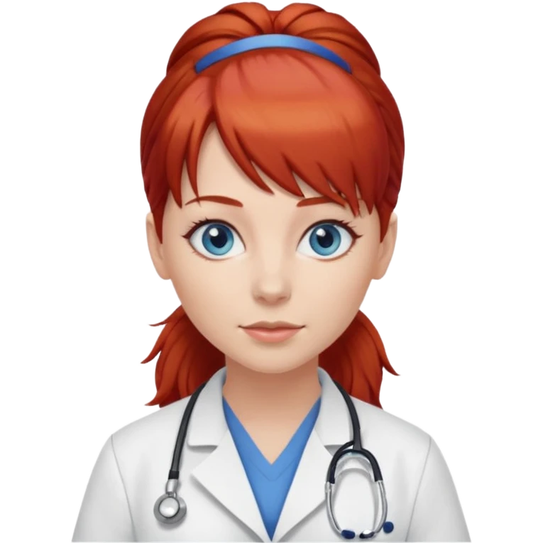 female doctor with red hair in a ponytail, blue eyes, and bangs emoji