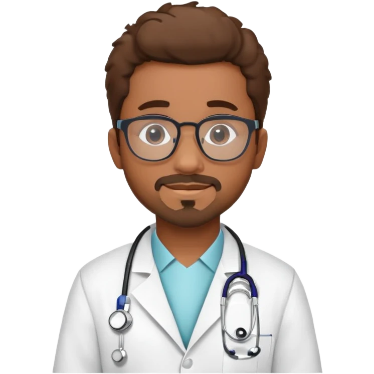 Alfredo should be a brown skin doctor, wearing a white coat and his name Alfredo on the lab coat.. He should also have a stethoscope around his neck. Show  alfredo as a cartoon like image, an avatar. add some great hair and glasses. Also,  give him a goatee. emoji