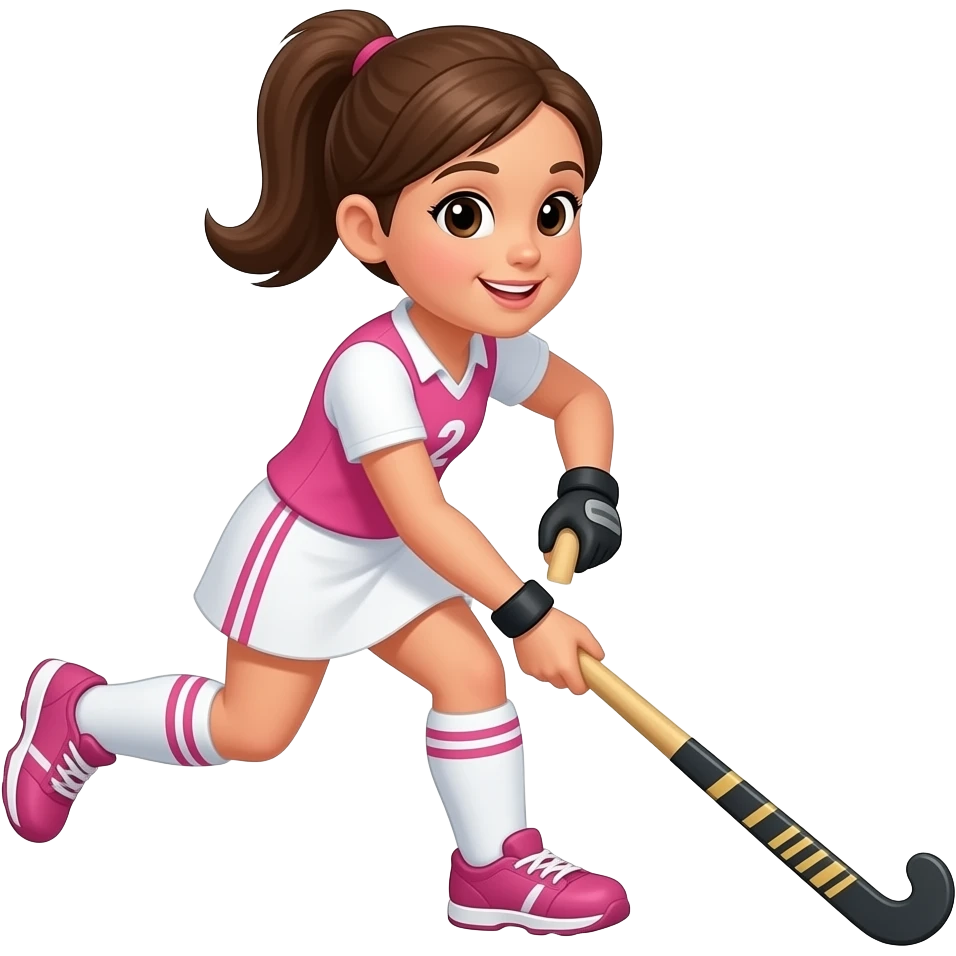 cartoon girl field hockey player playing hockey wearing pink and white facing to the right emoji