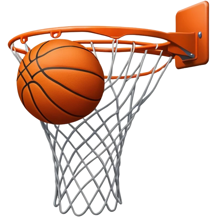 A close-up of a basketball shield and hoop with the ball swishing through the net, captured mid-air. The background emphasizes the tension and excitement of the moment, with the rim and net in sharp focus, showcasing the precision and skill of the sport. emoji