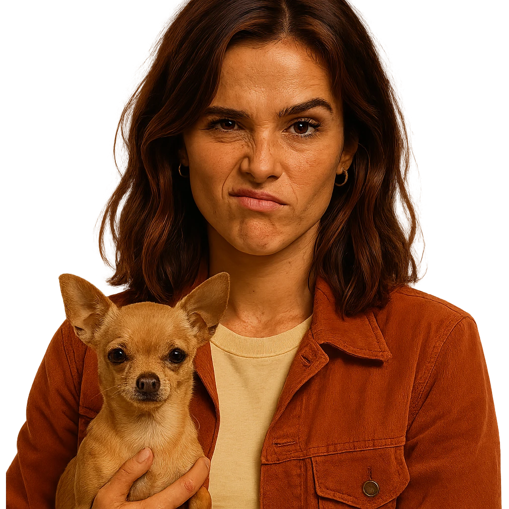 portrait centered of a woman inspired by Zoe Deutch's face, tanned complexion, subtle freckles, rebellious and playful expression, medium-length brown hair with auburn highlights, wearing a shirt color #FFF8CA, rust-colored jacket, holding a beige-brown chihuahua, transparent background, Netflix series style emoji