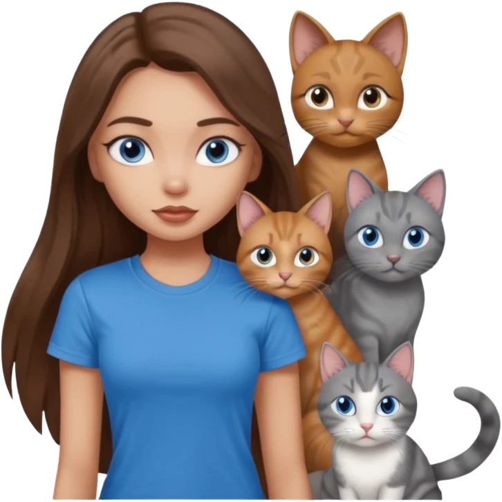 a pretty bratz dusky light skin girl with long brown hair, blue eyes with six cats nd wearing a grey tshirt emoji