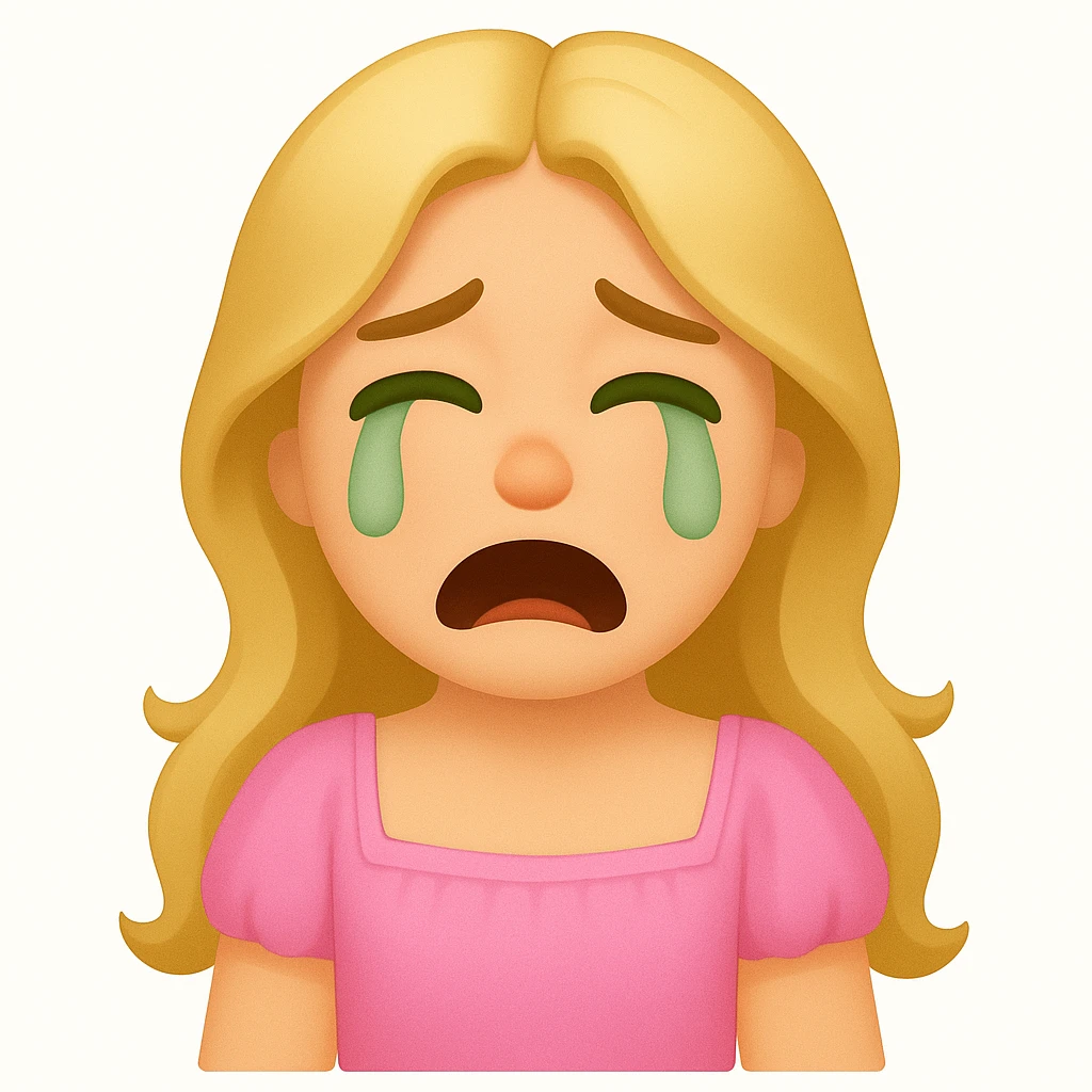Edit the image to depict a long-haired blonde with swamp eyes wearing a pink pastel dress, in the style of iOS emoji. Match all features from the reference image but change the emotion to crying. emoji