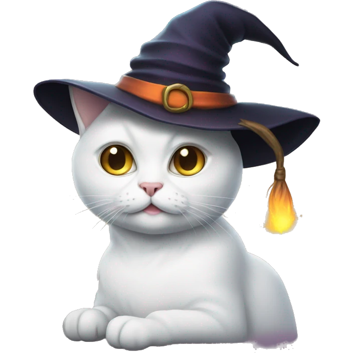 A white cat with glasses and witch hat emoji