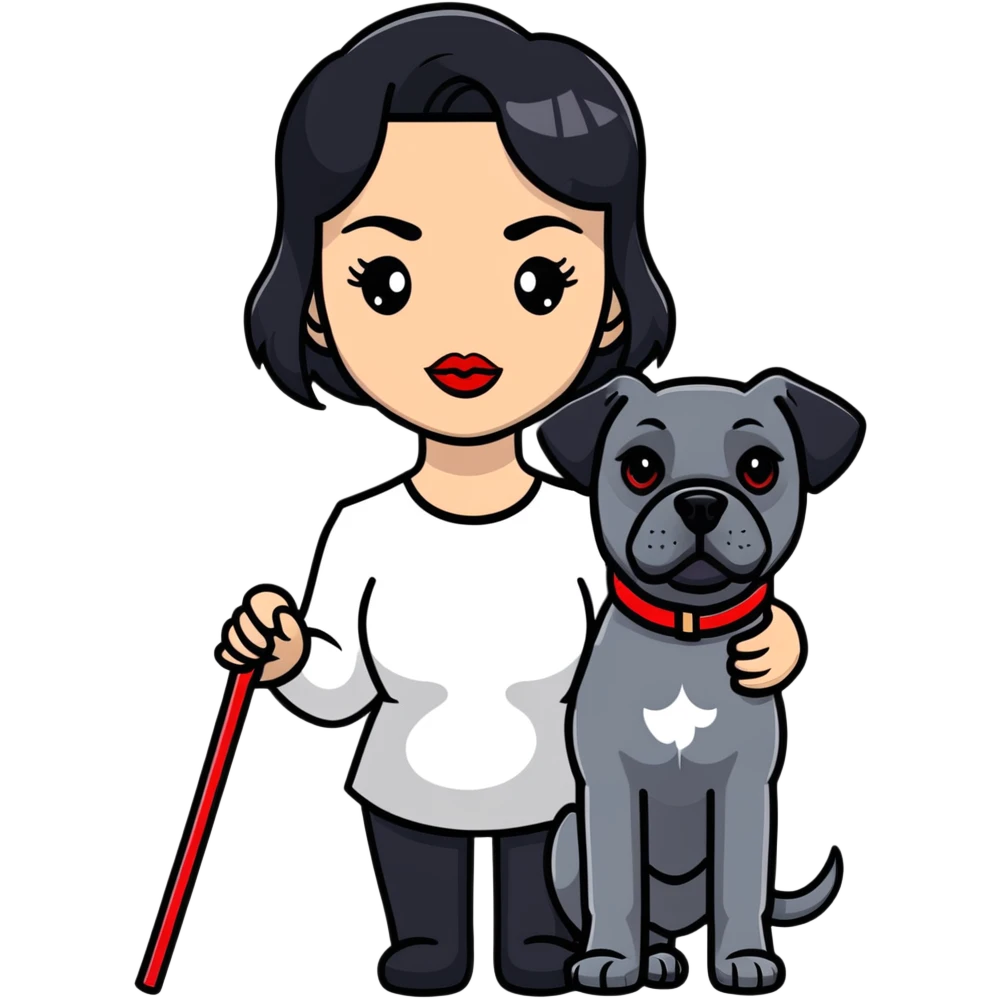 fashionable woman with red lips and black hair with a Cane Corso dog emoji