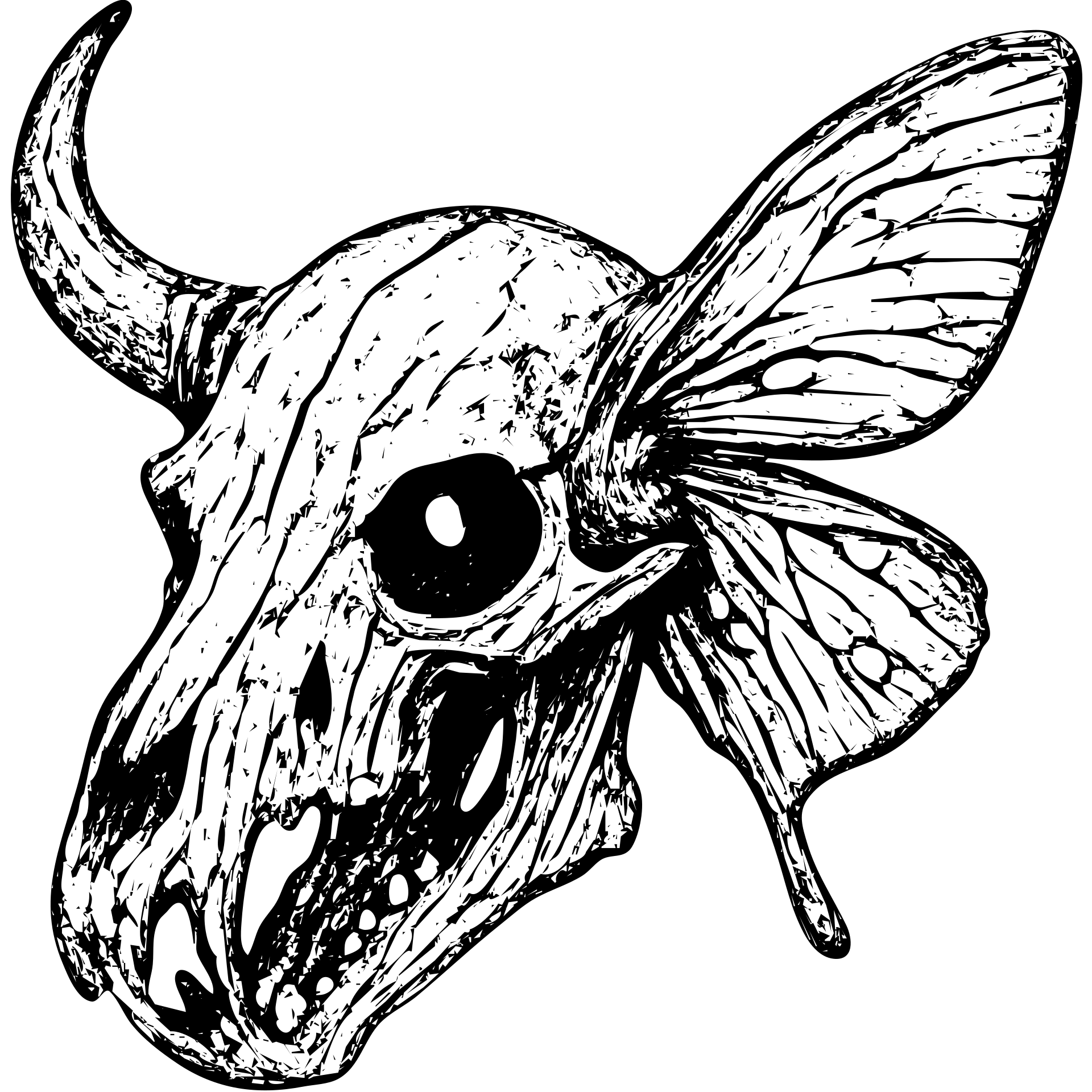detailed red line art of nightmarish minotaur-stoat hybrid skull with fractured horn and sinister glowing eye, detailed deteriorating moth wings, extensive weathering with deliberately missing pieces, scratched surfaces, and worn edges, twisted asymmetrical features, complex textures, some hollow/transparent sections, 100% red horror imagery emoji