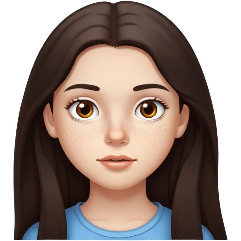 A 12-year-old girl with very long dark brown hair, light brown eyes, thick eyebrows, slightly big lips, with only two freckles - just one small freckle on her cheek and one small freckle under her eye emoji