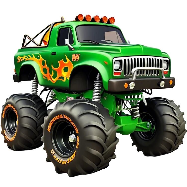 Grave Digger - Monster Jam (Model Year: 2022) (Iconic colour: Green with flames) - A legendary monster truck with a fearsome design: predominantly deep green with dynamic, vibrant flame graphics in bright orange and yellow. Highlight its rough, edgy bodywork and an aura of untamed rebellion. emoji