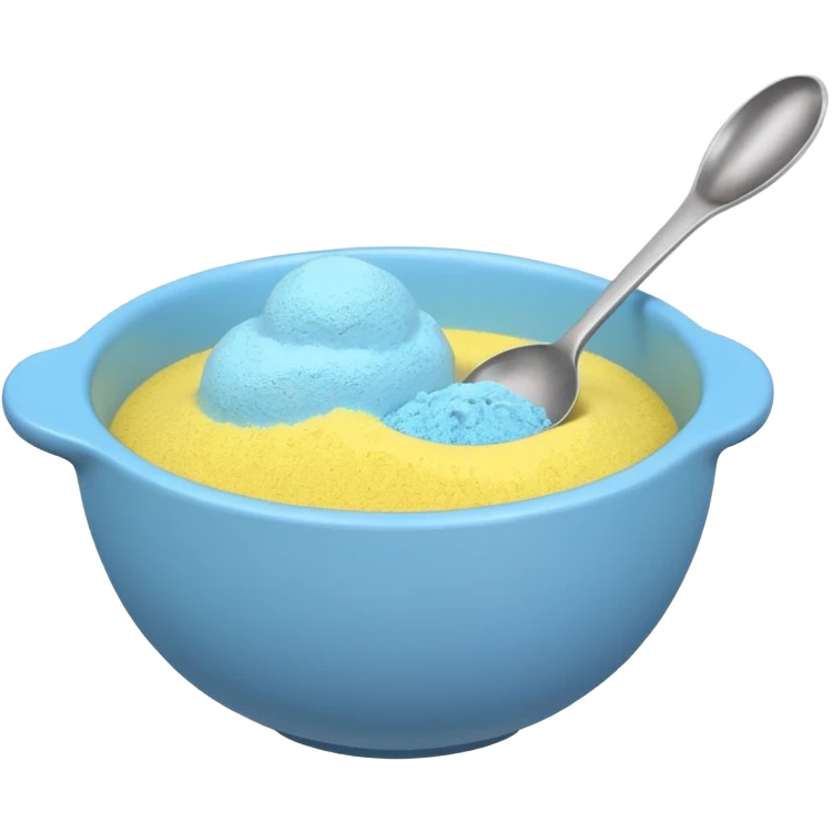 cartoon-style emoji of a mixing bowl with a spoon two colored powders being mixed and a small price tag or percentage sign to indicate calculation emoji