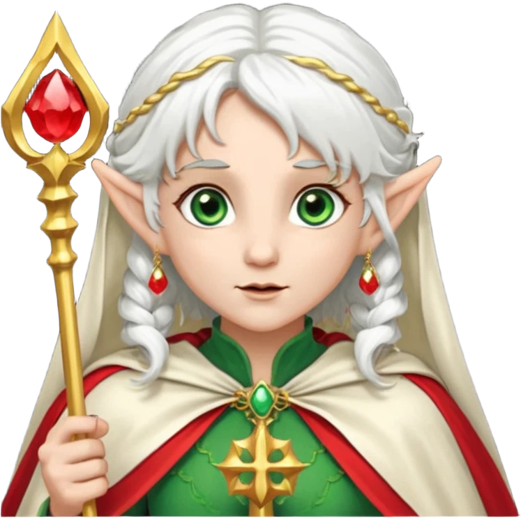 an elf with very white hair and two long ponytails on the side of her head, she has a curtain bang, green eyes, she has a white cape with golden borders and a scepter with a red orb, she has earrings that look like red drops emoji