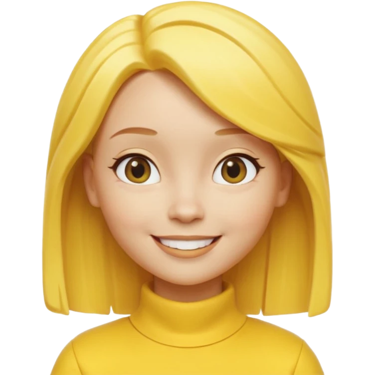 A 3D cartoon female character fully in yellow tones — skin, hair, and outfit all yellow — smiling gently, medium-length hair, cinematic Memoji-style rendering, cohesive with other yellow character emoji